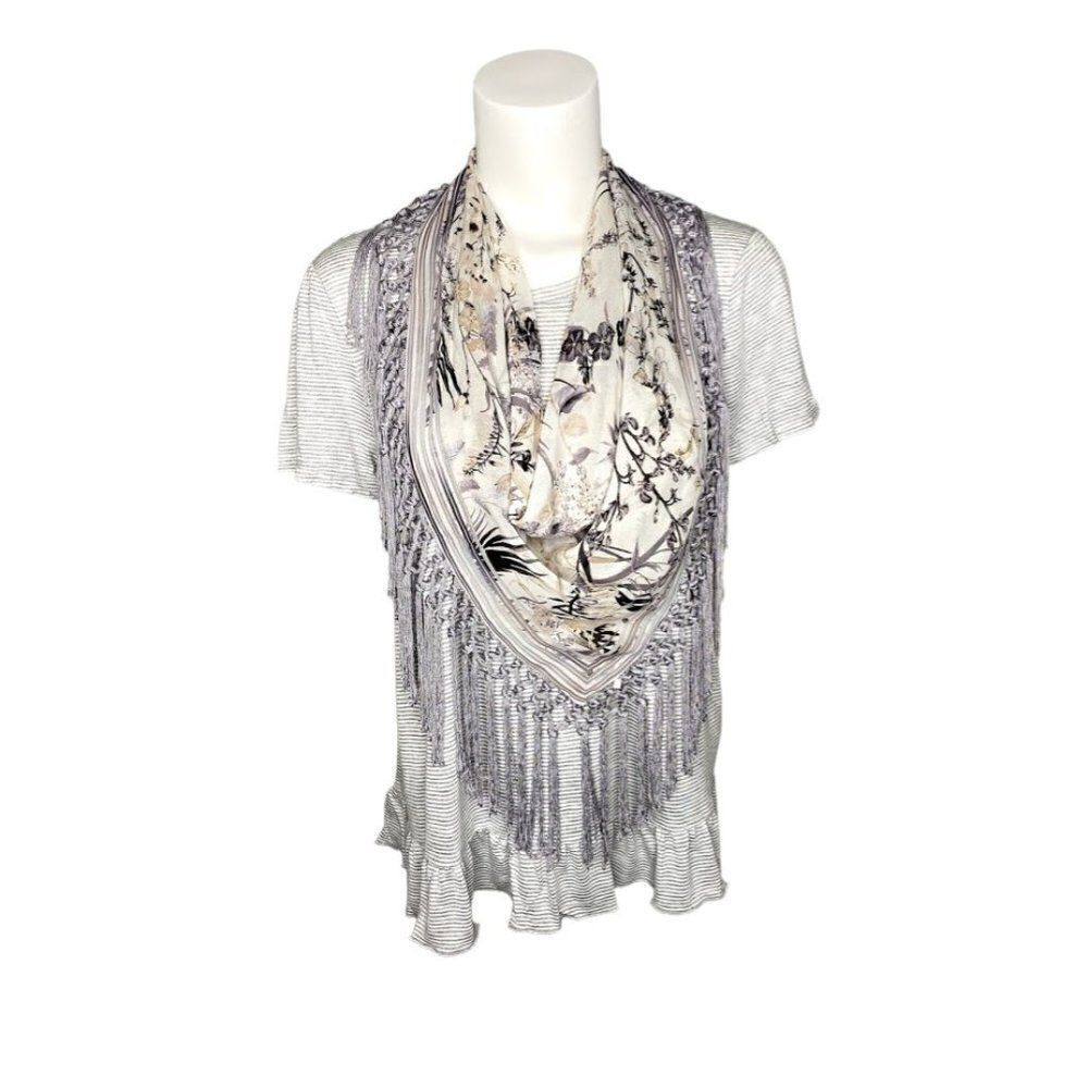 Style & Co Blouse Top Small Grey White Scarf-Neck‎